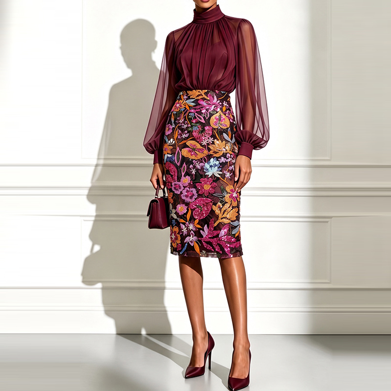 Sexy High Neck Sheer Mesh Blou - огляд і ціна Midi Skirt Floral
