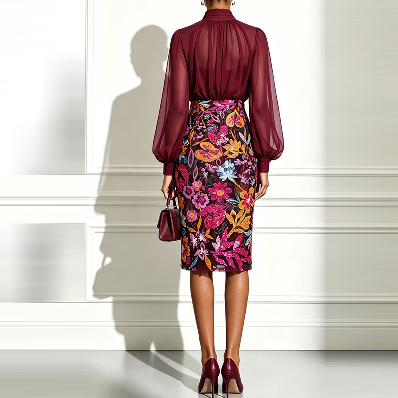 Sexy High Neck Sheer Mesh Blou - огляд і ціна Midi Skirt Floral