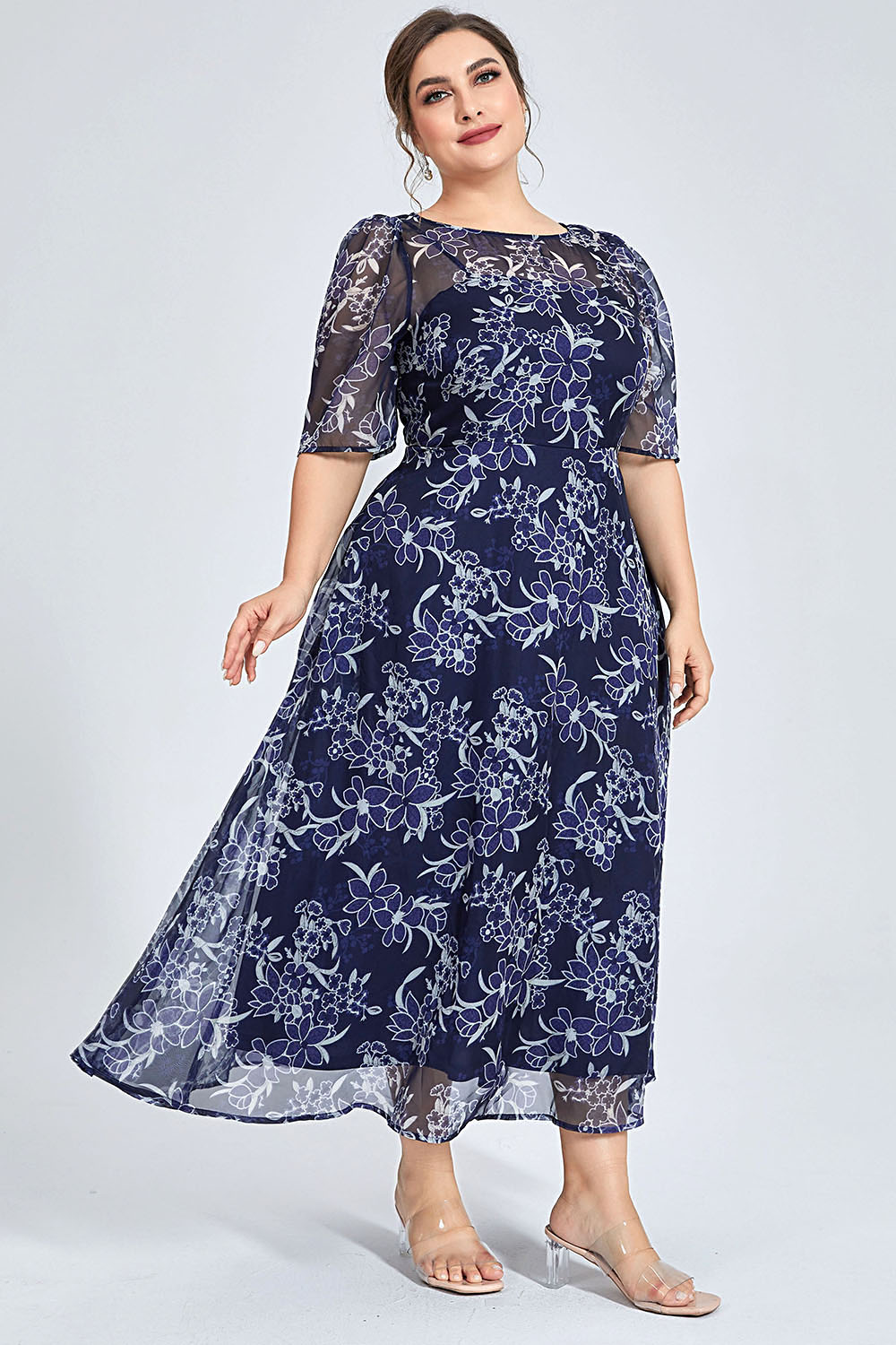Plus Size Navy Floral Chiffon  - огляд і ціна Midi Skirt Floral