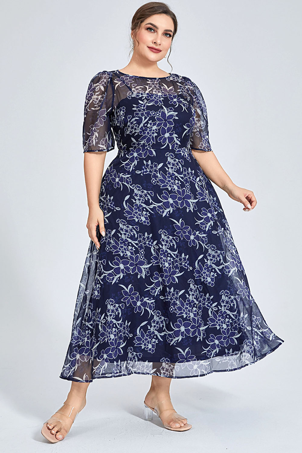 Plus Size Navy Floral Chiffon  - огляд і ціна Midi Skirt Floral